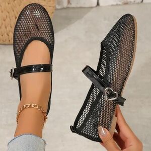 New Fishnet Mesh Ballet Flats Heart Silver Buckle NWT Black Slip On Almond Toe